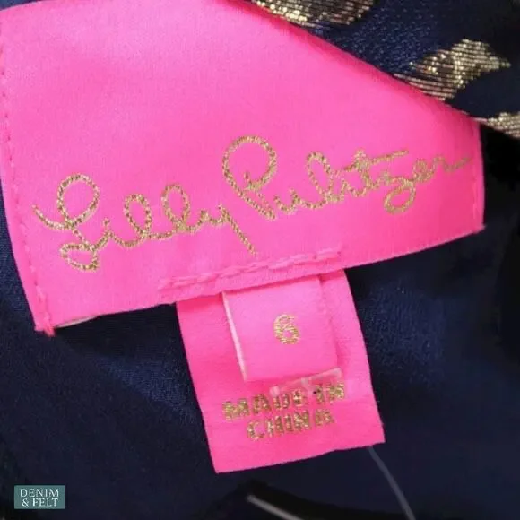 Lilly Pulitzer Kasslyn Navy Gold Puff Floral Brocade Party Pocket Dress Size 6 - Picture 13 of 14